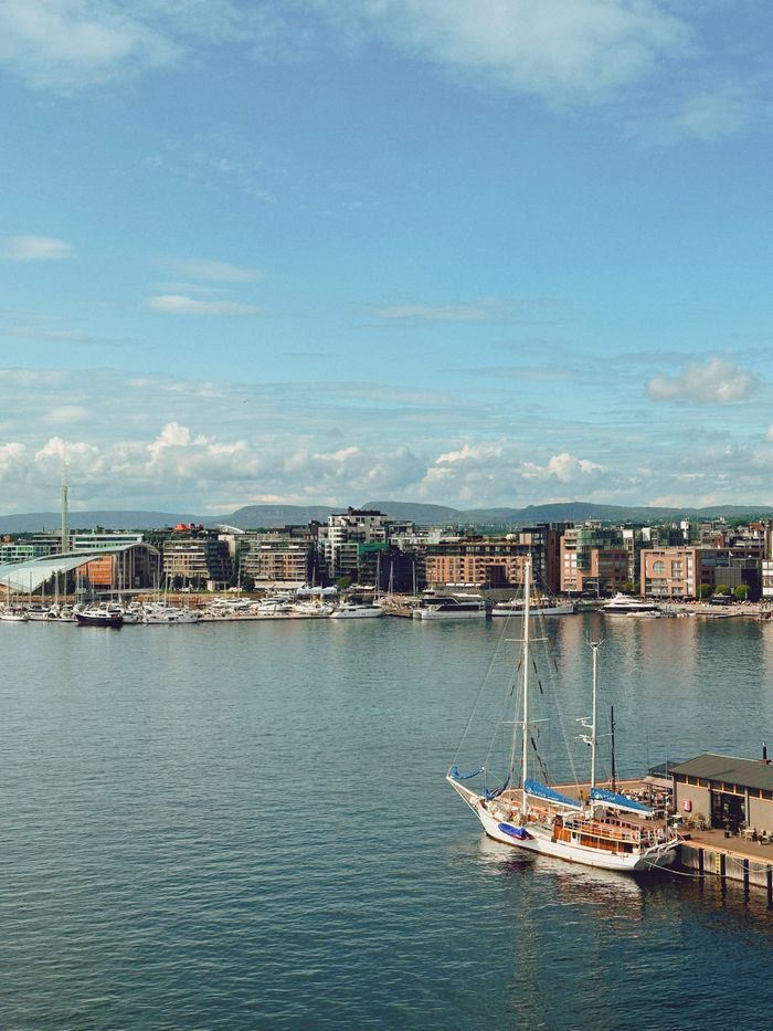 Urban landscape of Oslo harbor showcasing moored ships and cityscape.